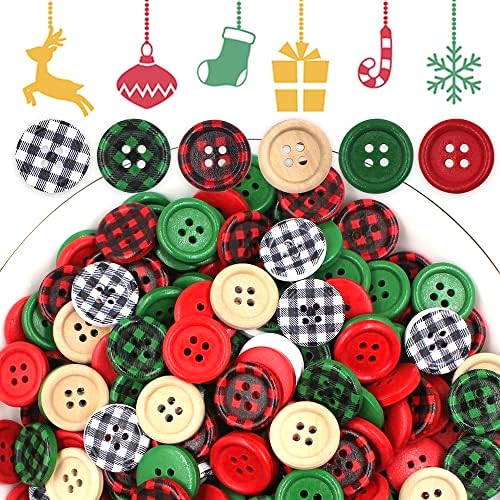 כפתורי עץ לחג המולד של 300 יח ', כפתורי עץ משובצים באפלו עם 4 חורים, כפתורי עץ עגולים בצבע לבן אדום לבן עגול לקישוט חג המולד, פרויקט בעבודת