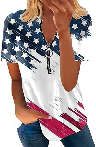 2023 חולצת דגל אמריקאית של נשים חצי רוכסן חולצות לנשים חולצות טורני שרוול קצר שרוול קצר