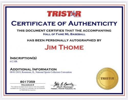 ג'ים תום חתום על בייסבול HOF w/612 HR כתובת Tristar Holo Phillies אינדיאנים - כדורי חתימה