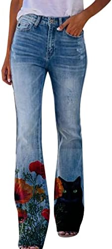 מכנסי ג'ינס מסביר לנשים הדפס פרחוני מותניים גבוהים ג'ינס רחבים מכנסי ג'ינס ארוכים מכנסי ג'ינס צבעוניים קרעו מכנסיים במצוקה מכנסיים ישר