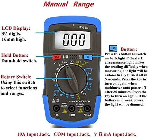 Quul Manual Multimeter DC/מתח AC דיודה התנגדות זרם HFE נתוני בדיקת סוללה מחזיקים בוחן