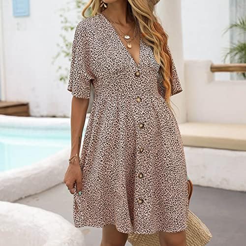 שמלת קיץ של נשים דיסטיות לנשים שמלת נדנדה פרחונית כפתור עטיפת חולצת צוואר שמלות שרוול קצר
