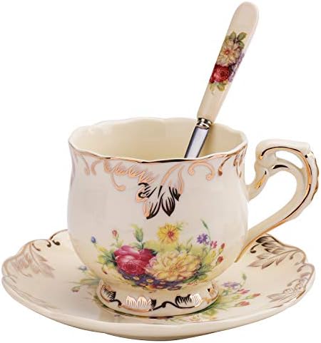 סט Forainee של 2 כוס תה וצלוחית, 8 גרם. שיחים פורחים כוס קפה קרמיקה קפה מפוארת כוס תה פרחנית פרחונית עם צלוחית וכף